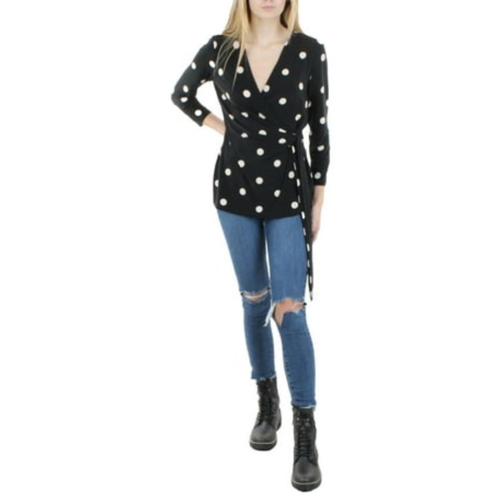 NWT-Anne Klein Womens Polka Dot Stretch Wrap Top